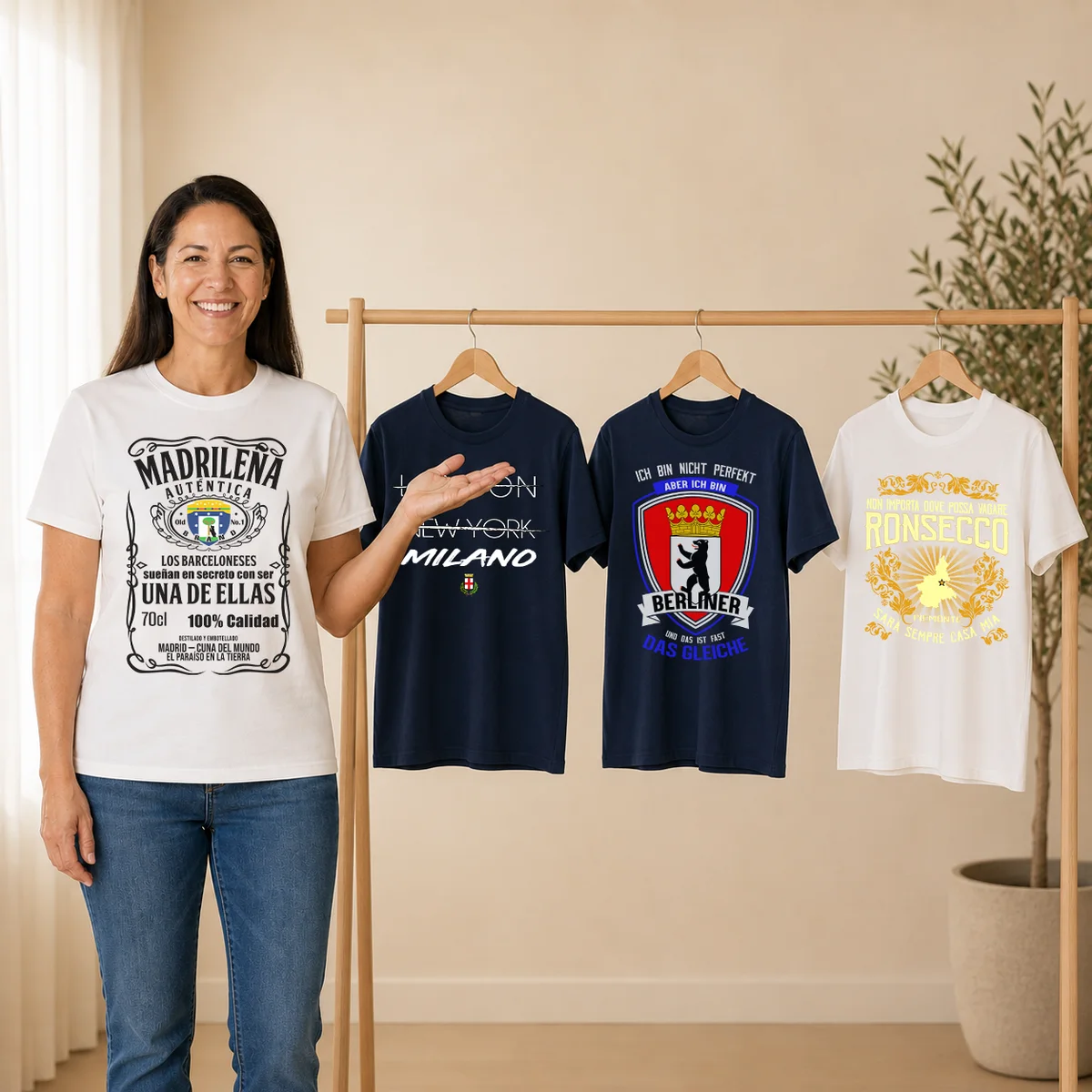 Woman in her hometown tee presenting the design collection