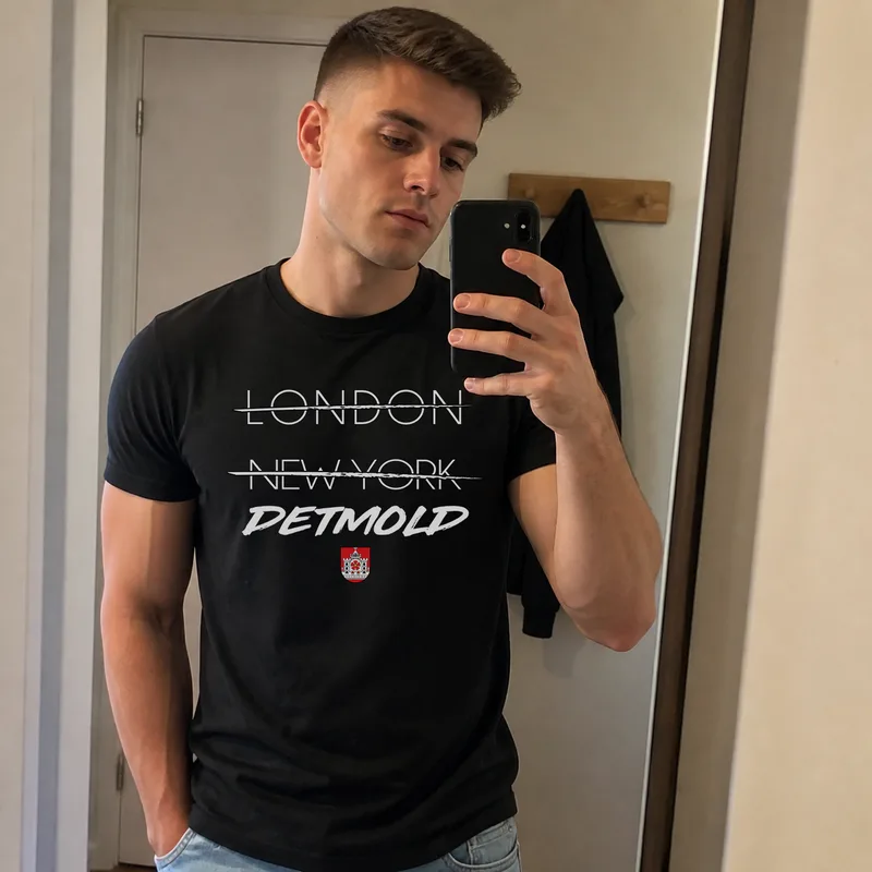 Black London New York tee in the hallway