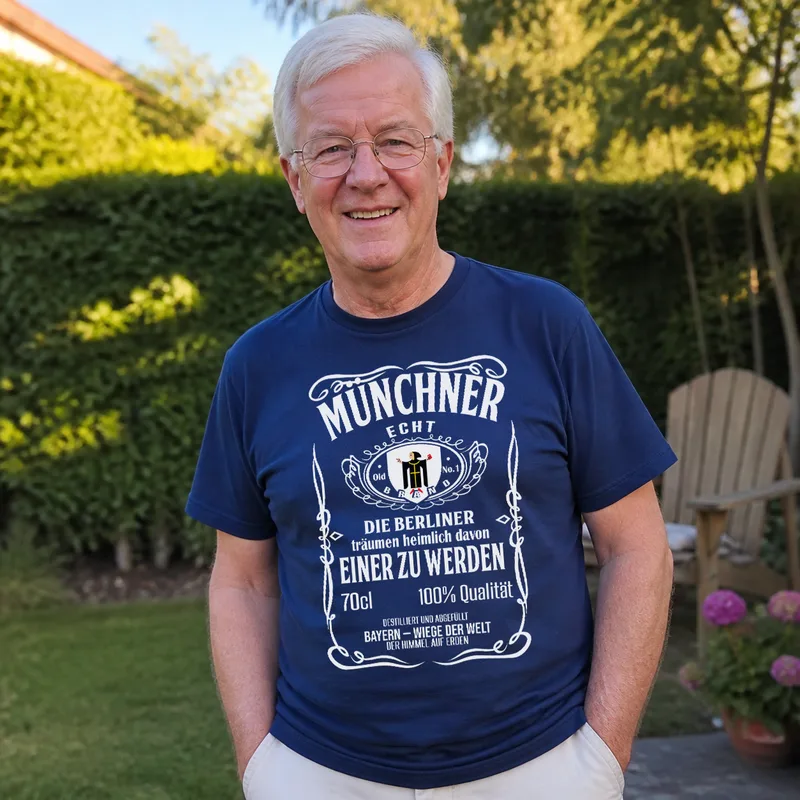 Navy Genuine Old No.1 tee in the garden