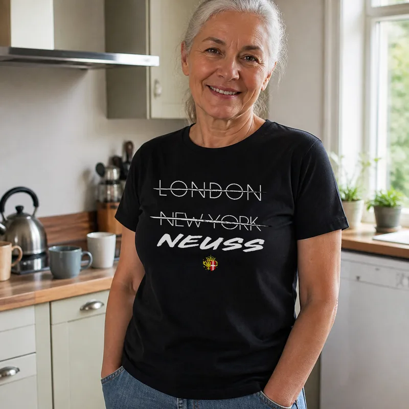Black London New York tee in the kitchen